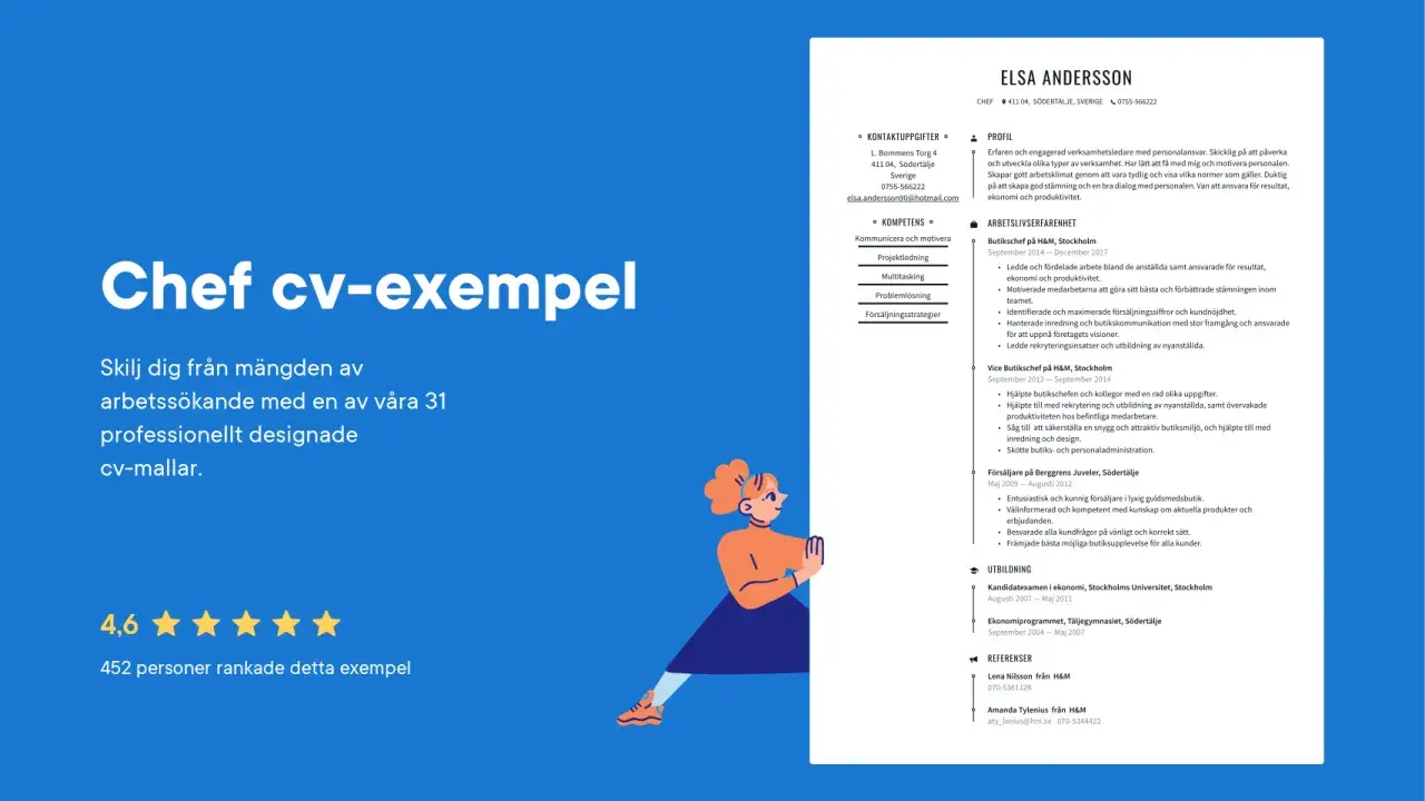 Chef cv-exempel med professionellt utformade mallar. Elsa Andersson, chef, visar sin erfarenhet.