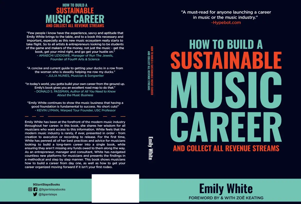 Book cover: "How to Build a Sustainable Music Career" by Emily White. Learn how to get in the music industry and collect revenue streams.