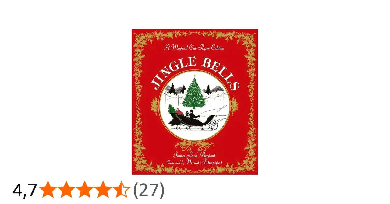 Copertina di "Jingle Bells", canzone in inglese, con slitta e albero di Natale.