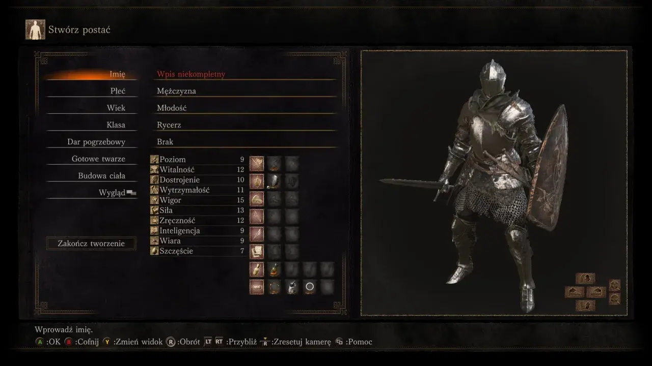 Postać w zbroi rycerza w Dark Souls 3. Ekran tworzenia postaci, gdzie można wybrać przymierza i statystyki.