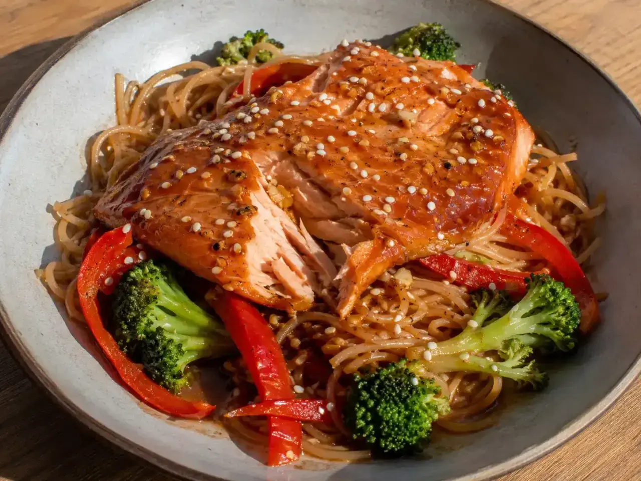 En läcker sejfile med nudlar, broccoli och paprika. Ett perfekt sejfile recept för en snabb middag.