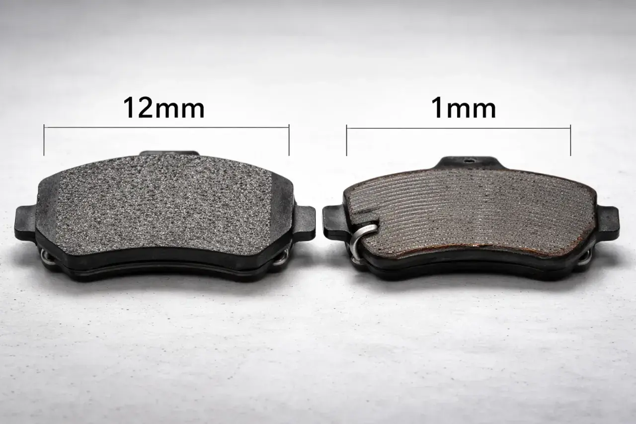 Comparaison de deux plaquettes de frein : une neuve de 12mm et une usée de 1mm.