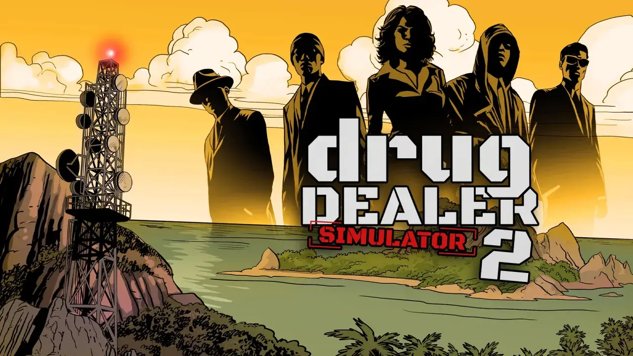 Silhouetten von Gangstern vor einem Turm und einer Insel. Der Titel "Drug Dealer Simulator 2" ist prominent platziert.