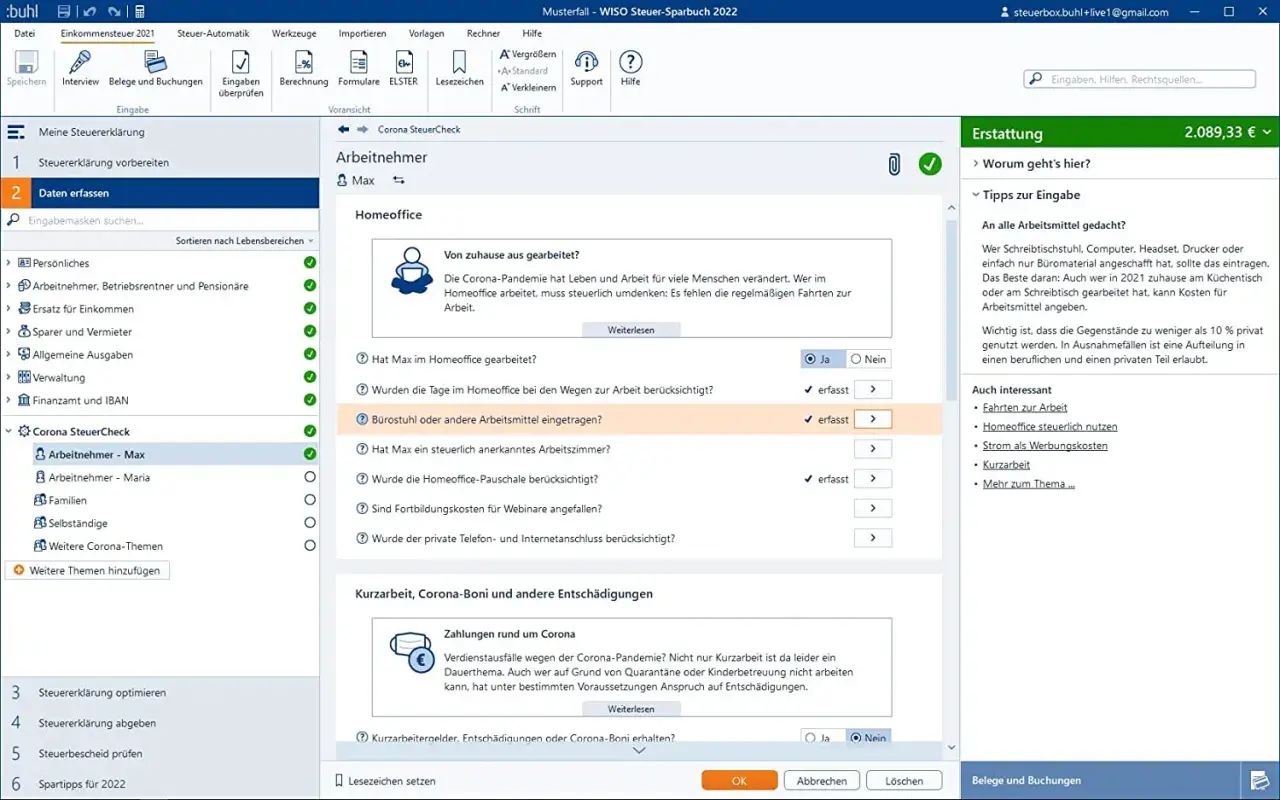 Homeoffice-Pauschale & Arbeitsmittel: So kannst du wiso steuer absetzen. Die Software hilft bei der Erfassung von Kosten für dein Arbeitszimmer.