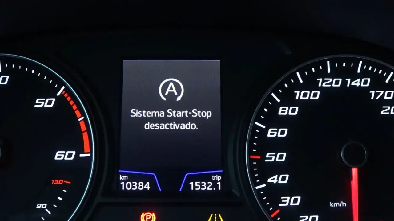 Panel de un Nissan Qashqai con mensaje "Sistema Start-Stop desactivado". Posible fallo en el sistema.