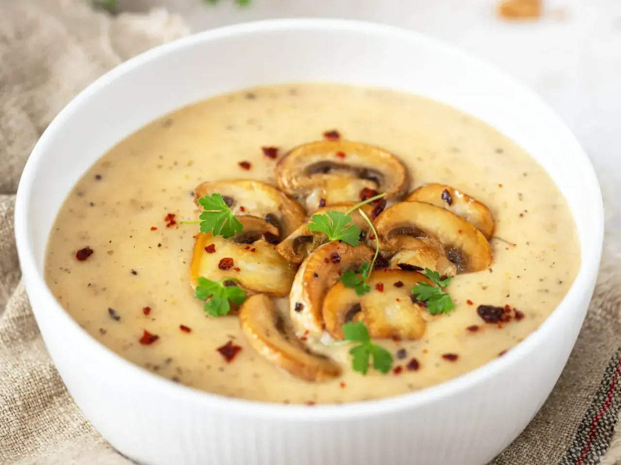 Aksamitny zupa krem z pieczarek, udekorowana plasterkami pieczarek, natką pietruszki i płatkami chili.