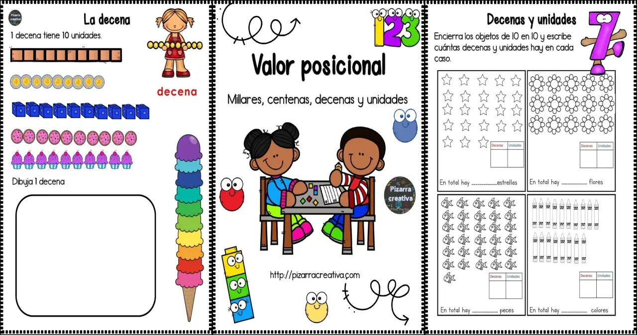Páginas educativas sobre valor posicional, con ejemplos de fichas de decenas y unidades, dibujos de objetos y ejercicios para contar.