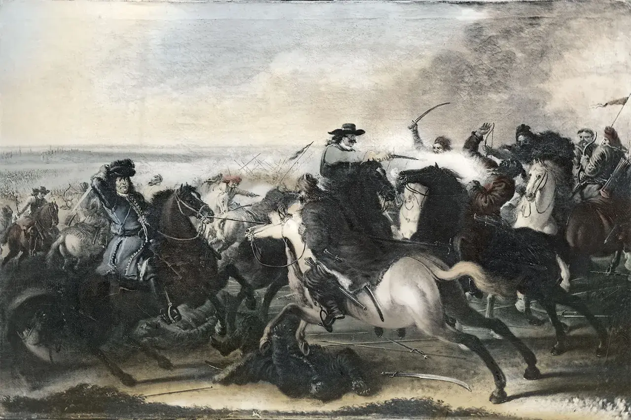 Karl XII leder sina ryttare i strid. Hästar och soldater kämpar i en kaotisk scen.