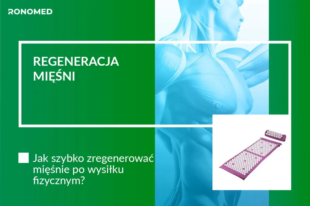 Grafika z hasłem "Regeneracja mięśni" i pytaniem "Jak szybko zregenerować mięśnie po wysiłku fizycznym?". Widoczny też masażer akupresurowy.