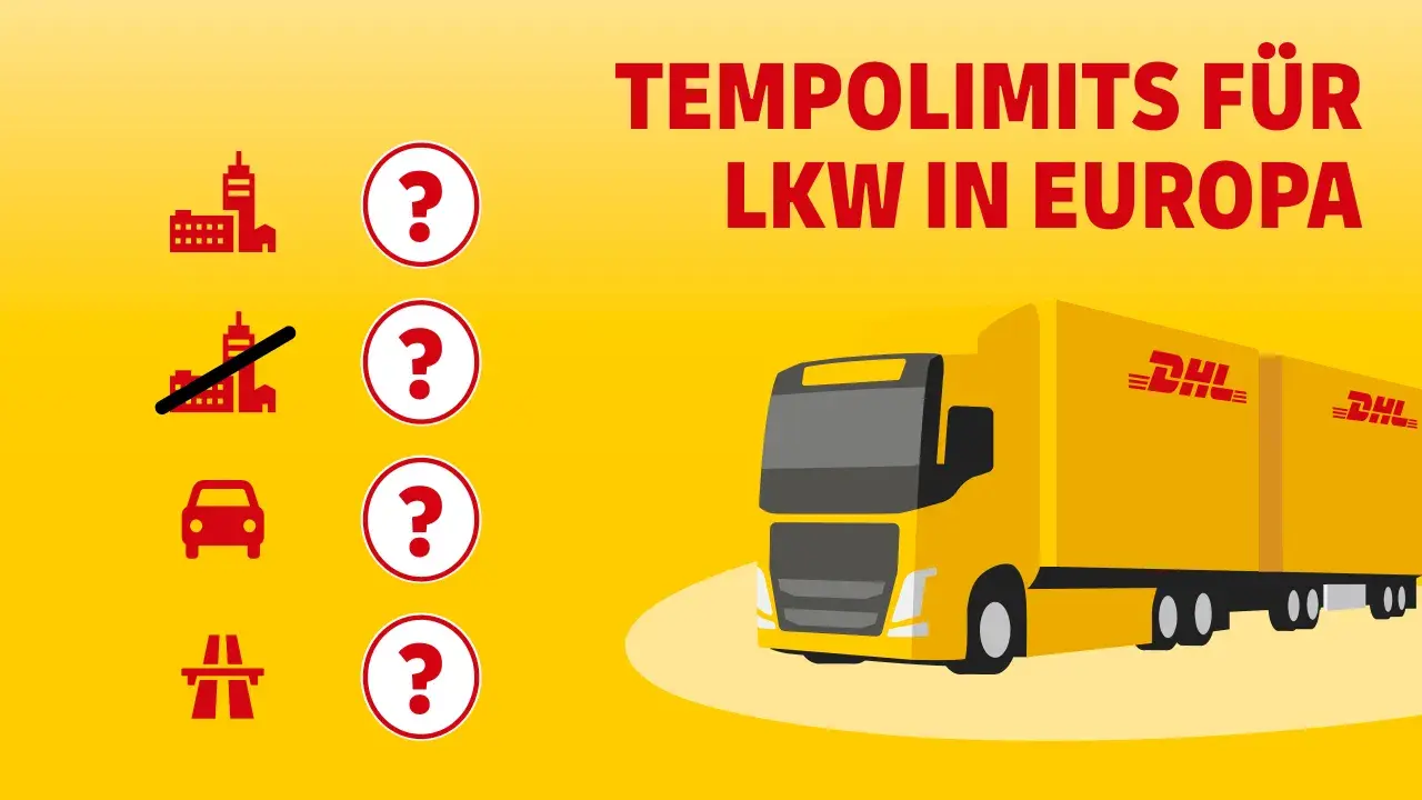 Tempolimits für LKW in Europa: Wie schnell darf ein LKW auf der Autobahn fahren? Icons zeigen Stadt, Autobahn und Auto.