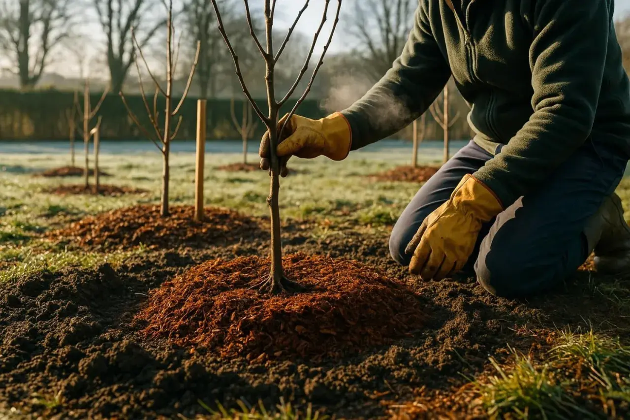 Un jardinier aux gants jaunes plante un jeune pommier. Le paillis brun entoure la base de l'arbre, prêt pour la plantation.