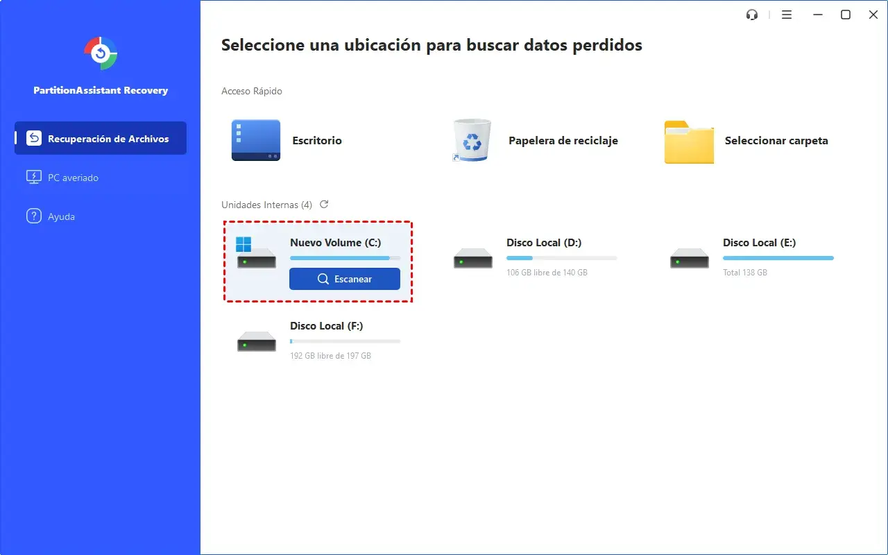 Interfaz de recuperación de datos. Se muestra la opción de escanear el disco C:, la papelera de reciclaje y otras unidades.