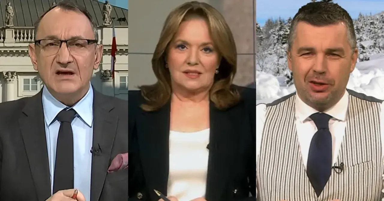 Trzech dziennikarzy i prezenterów TV Republika: mężczyzna w garniturze przed Pałacem Prezydenckim, kobieta w czarnej marynarce i mężczyzna w kamizelce na tle zimowego krajobrazu.