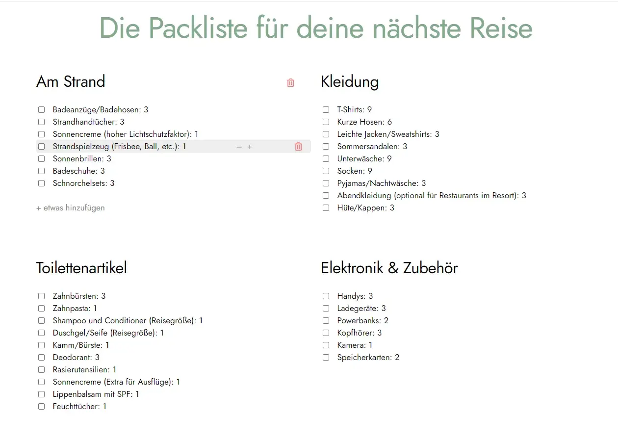 Packliste für Griechenland: Strandutensilien, Kleidung, Toilettenartikel & Elektronik. Perfekt für sonnige Tage!