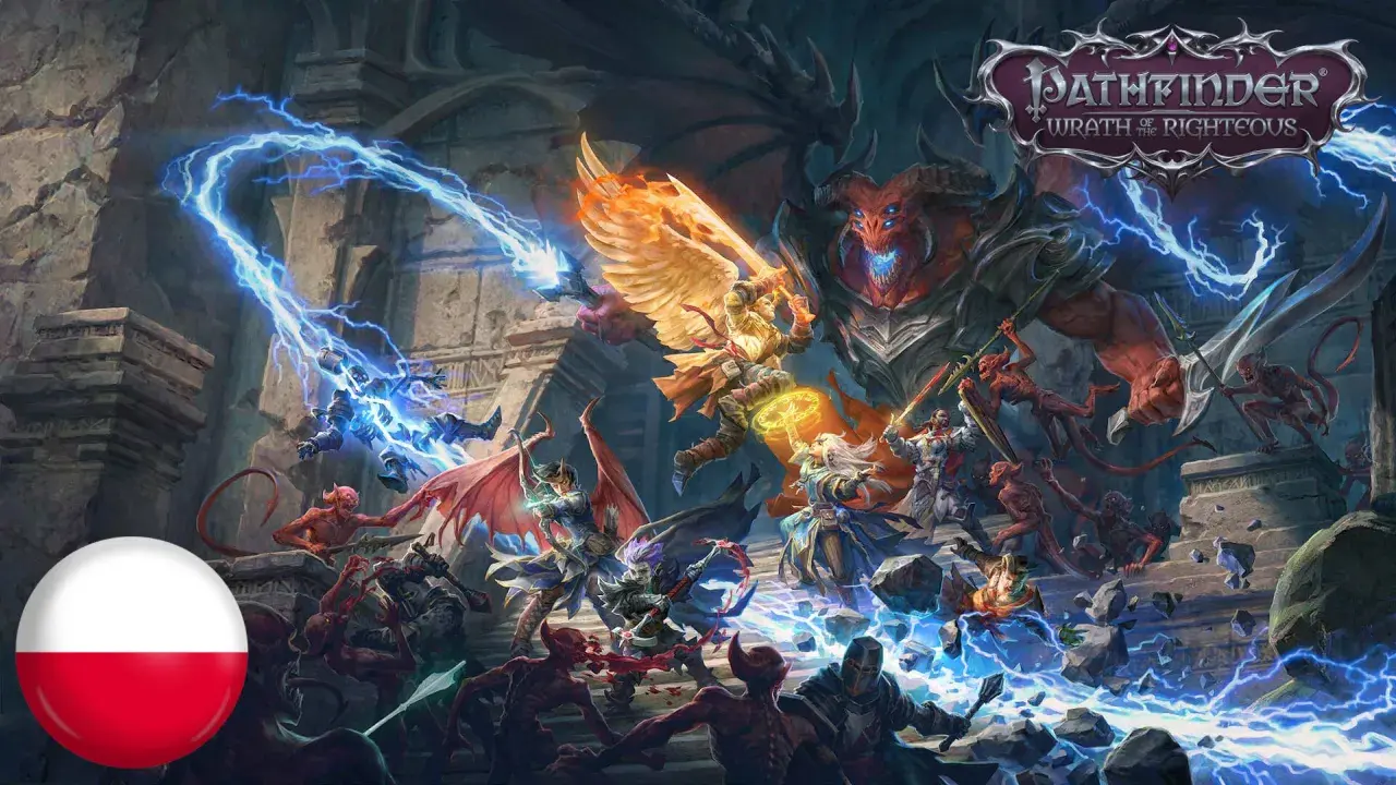 Bitwa bohaterów z demonami w grze Pathfinder: Wrath of the Righteous. Polska flaga w rogu.