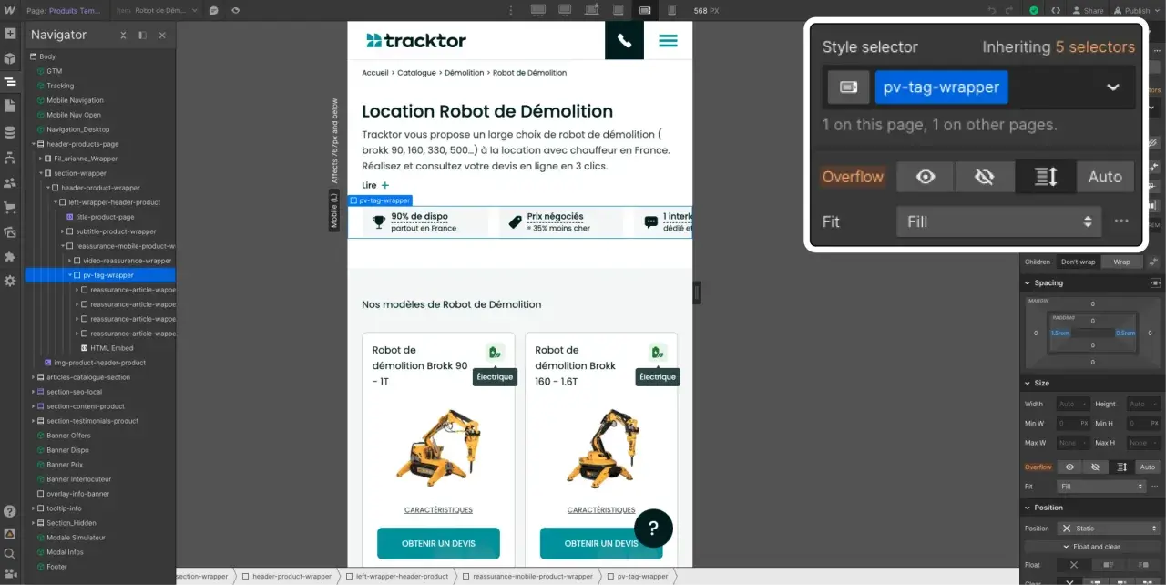 Le panneau de style montre les options pour le wrapper `pv-tag-wrapper`, avec `overflow` réglé sur "Auto" pour gérer le contenu qui dépasse.