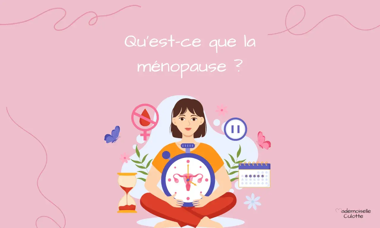 Une femme au centre, entourée de symboles de la ménopause : horloge, calendrier, sablier, et un signe d'interdiction de règles. La question "Qu'est-ce que la ménopause ?" est affichée.