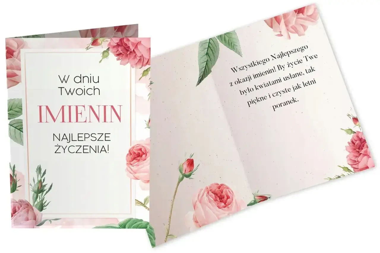 Otwarta kartka z różowymi różami i napisem "W dniu Twoich IMIENIN NAJLEPSZE ŻYCZENIA!".