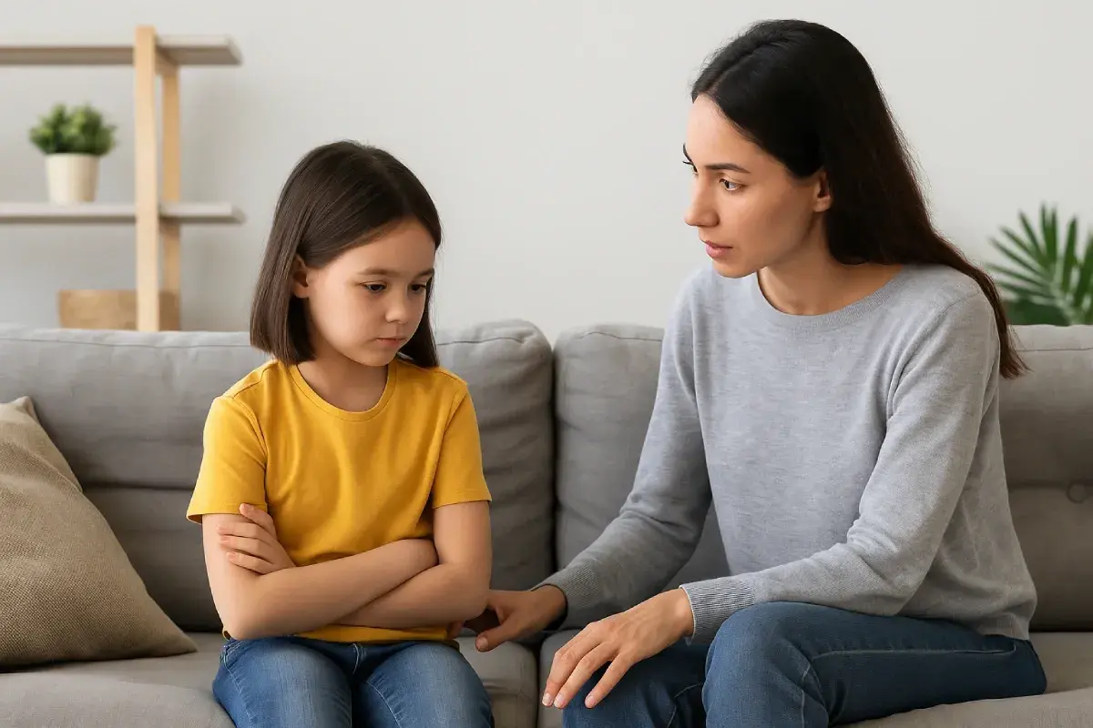 Madre habla con su hija, mostrando disciplina positiva. La niña, con los brazos cruzados, escucha atentamente.