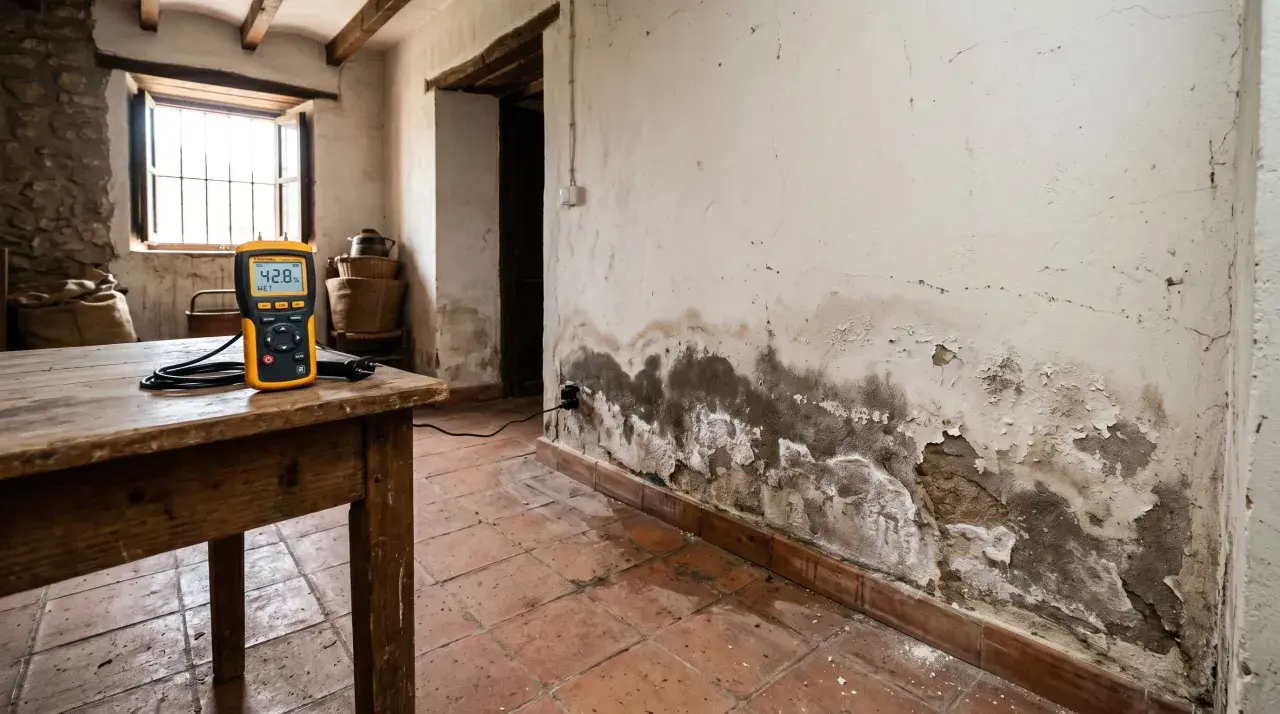 Medidor de humedad en mesa rústica, junto a pared con manchas de humedad y desconchones. Esencial para solucionar humedades.
