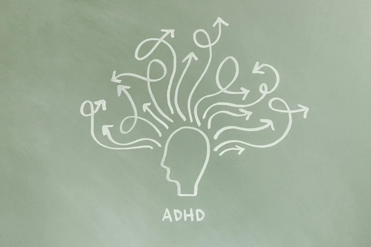 Rysunek głowy z wieloma strzałkami wychodzącymi z niej, symbolizującymi różne rodzaje ADHD i chaos myśli.
