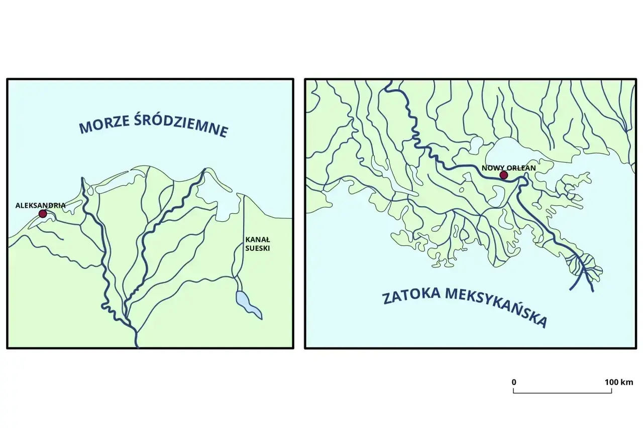 Dwa mapy: jedna pokazuje ujście Nilu do Morza Śródziemnego z Aleksandrią i Kanałem Sueskim, druga ujście Missisipi do Zatoki Meksykańskiej z Nowym Orleanem.