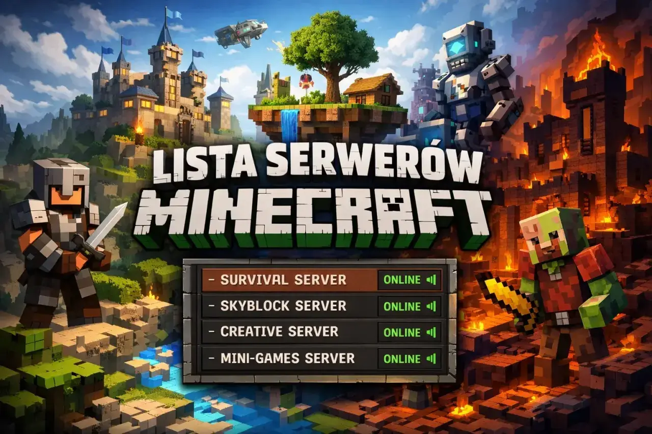 Lista serwerów Minecraft: Survival, Skyblock, Creative i Mini-Games. Bohaterowie w zbrojach i potwory w tle.