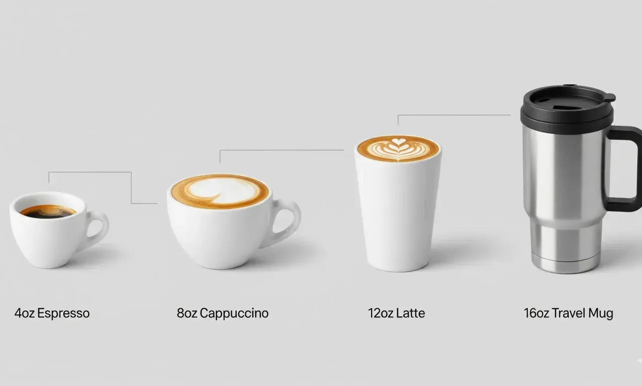 Comparaison de la taille tasse à café : espresso, cappuccino, latte et mug de voyage.