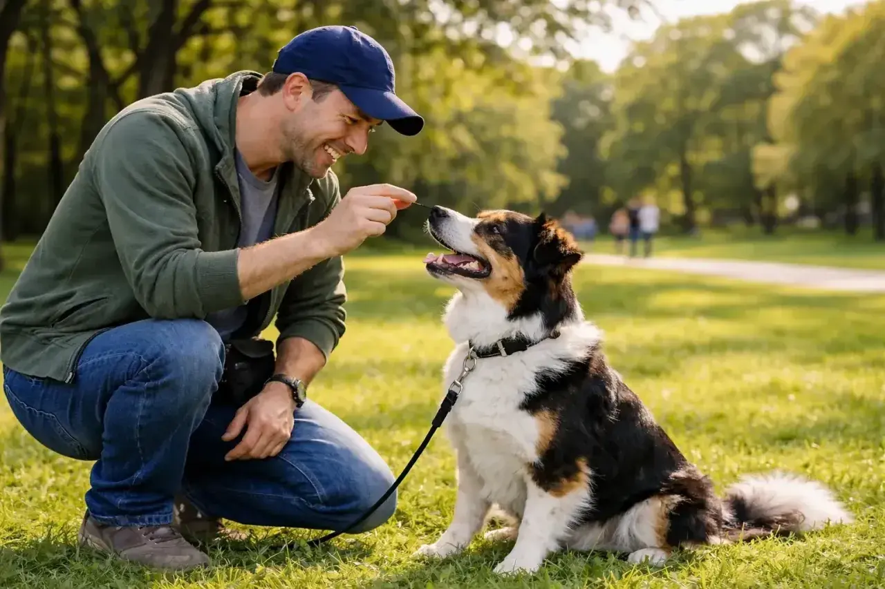 Ein Mann gibt seinem **labrador bellt** im Park ein Leckerli. Der Hund sitzt brav und schaut erwartungsvoll.