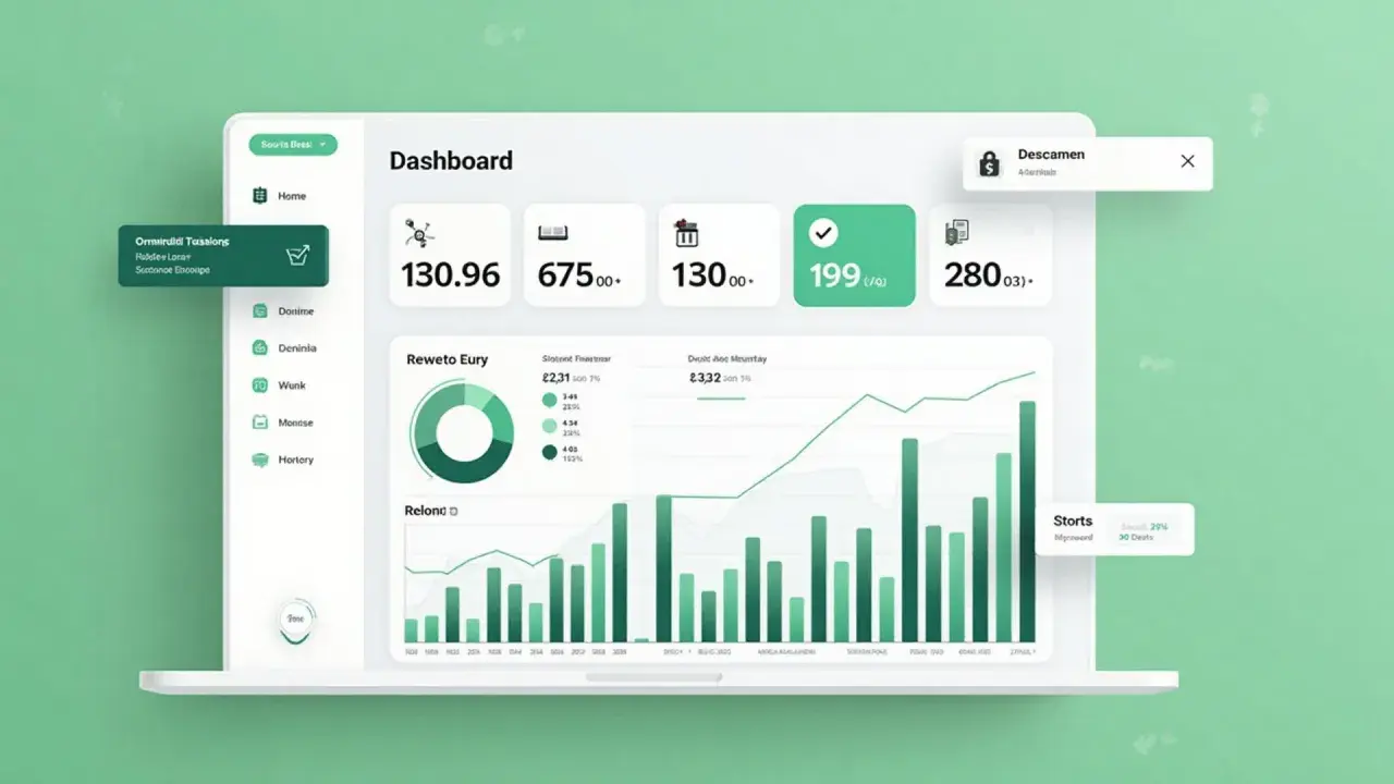 Dashboard mit Finanzübersichten, Diagrammen und Statistiken. Ein kostenloses Haushaltsbuch könnte hier integriert sein.