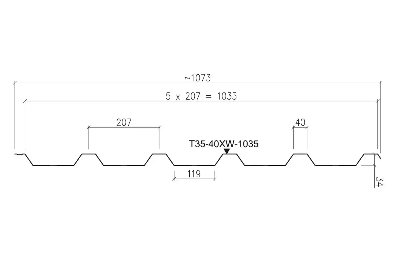 Przekrój arkusza blachodachówki T35-40XW-1035. Wymiary: ok. 1073 mm całkowitej szerokości, 5 modułów po 207 mm, wysokość fali 40 mm, szerokość fali 119 mm, grubość 34 mm.