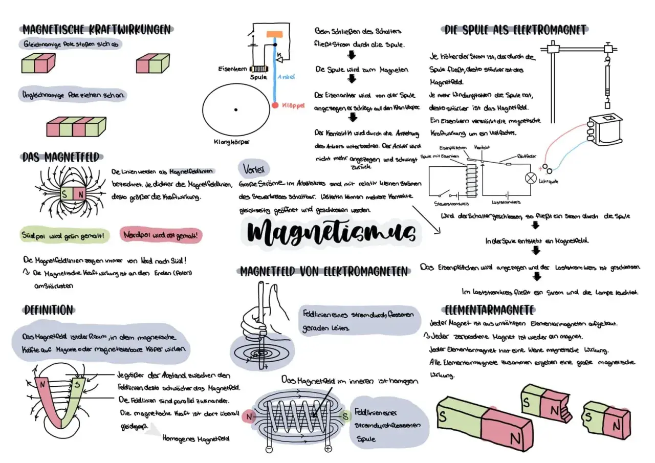 Magnetismus Physik: Magnetfeldlinien zeigen Kraftwirkung. Gleichnamige Pole stoßen, ungleichnamige ziehen sich an. Magnetfeld ist Raum mit magnetischen Kräften.