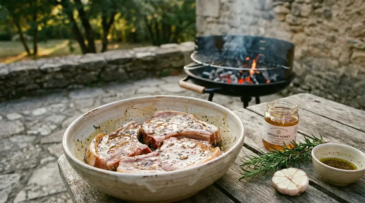 Côtes de porc marinées, prêtes pour le barbecue. Un pot de miel artisanal, du romarin et de l'ail complètent la scène.