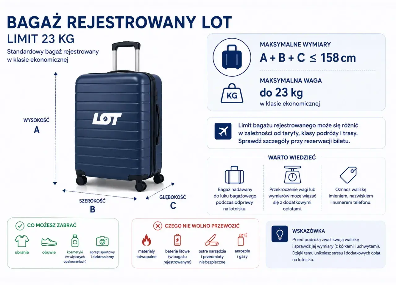 Bagaż rejestrowany LOT: max 23 kg, wymiary A+B+C ≤ 158 cm. Przed podróżą sprawdź wymiary walizki.