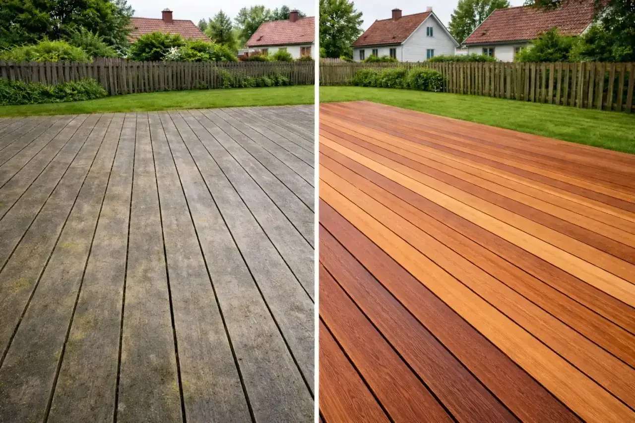 Före och efter: en smutsig altan blir som ny efter att ha fått sig en ordentlig skura.