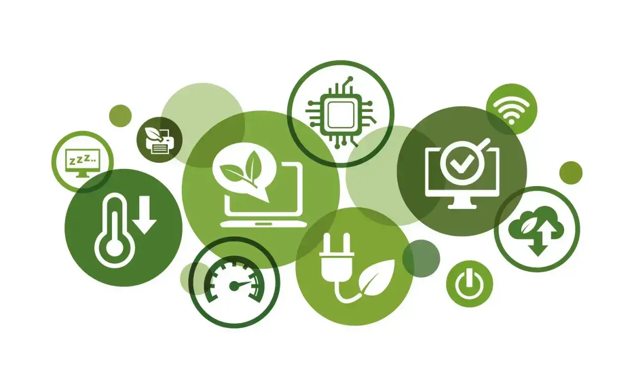 Symbole für digitale Nachhaltigkeit: Energiesparen, Effizienz, grüne Technologie, Cloud, Prozessor, Thermometer, Drucker, WLAN, Power-Button.