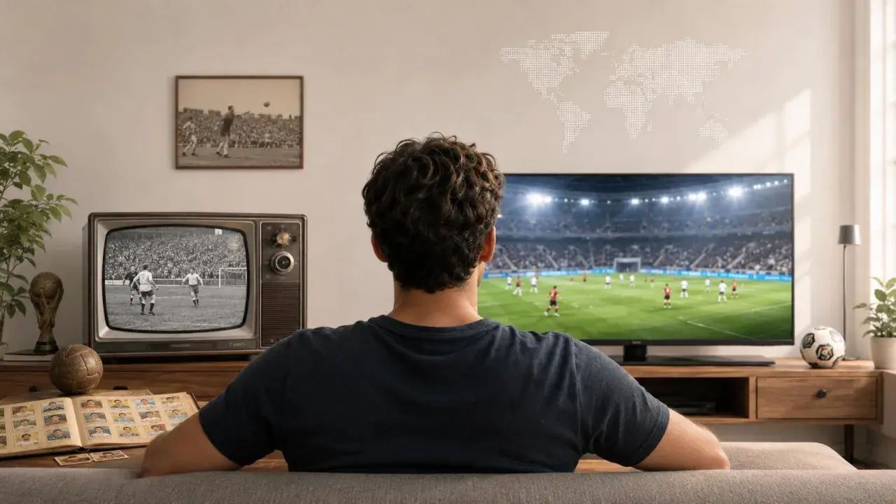 Mężczyzna ogląda mecz na nowoczesnym telewizorze, obok stoi stary telewizor z czarno-białym obrazem, symbolizującym historię mistrzostw świata w piłce nożnej.