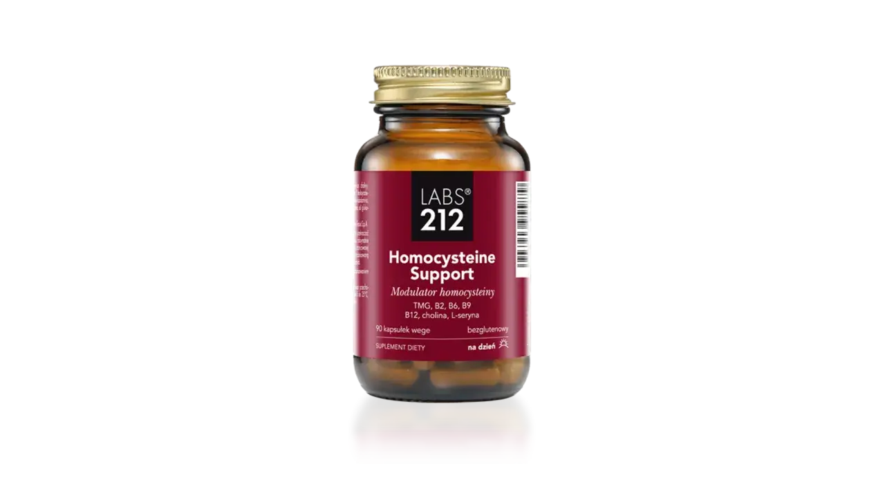 Bursztynowa butelka suplementu diety "Homocysteine Support" od LABS 212, zawierająca kapsułki wspierające metabolizm homocysteiny.