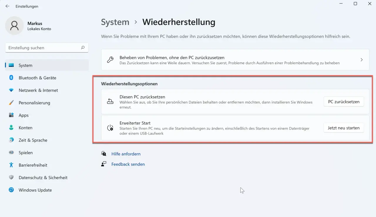 Windows-Einstellungen: PC neu aufsetzen. Optionen zur Wiederherstellung des Systems, um den PC zurückzusetzen oder den erweiterten Start zu nutzen.