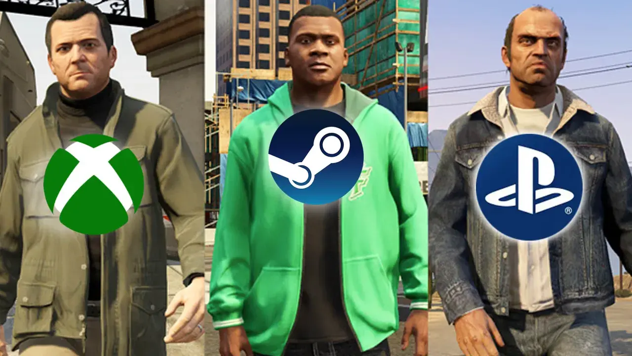 Michael, Franklin und Trevor von GTA 5 mit Logos von Xbox, Steam und PlayStation. Ein Wunschtraum für GTA 5 Crossplay.