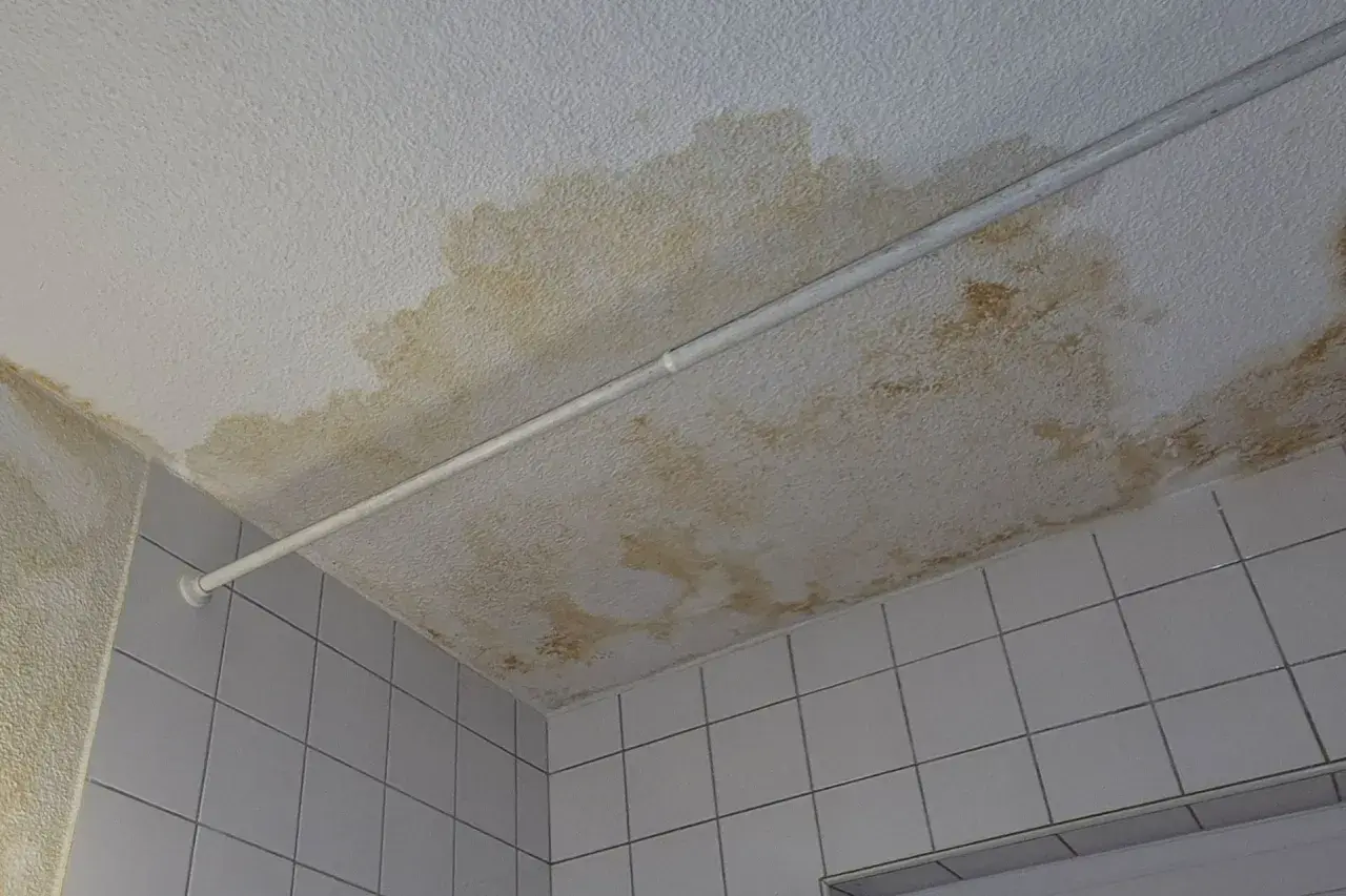 Decken- und Wandflecken deuten auf eine feuchte Wand hin, die saniert werden muss.