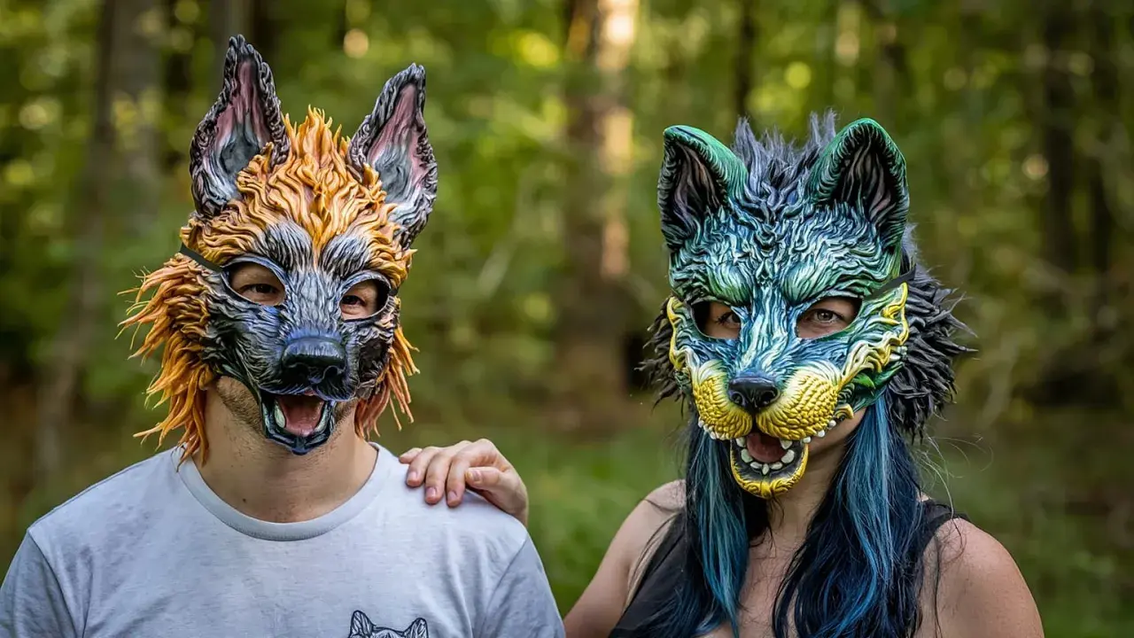 Dwie osoby w maskach wilków, symbolizujące tożsamość therian. Jedna w odcieniach pomarańczu, druga w zieleni i błękicie.