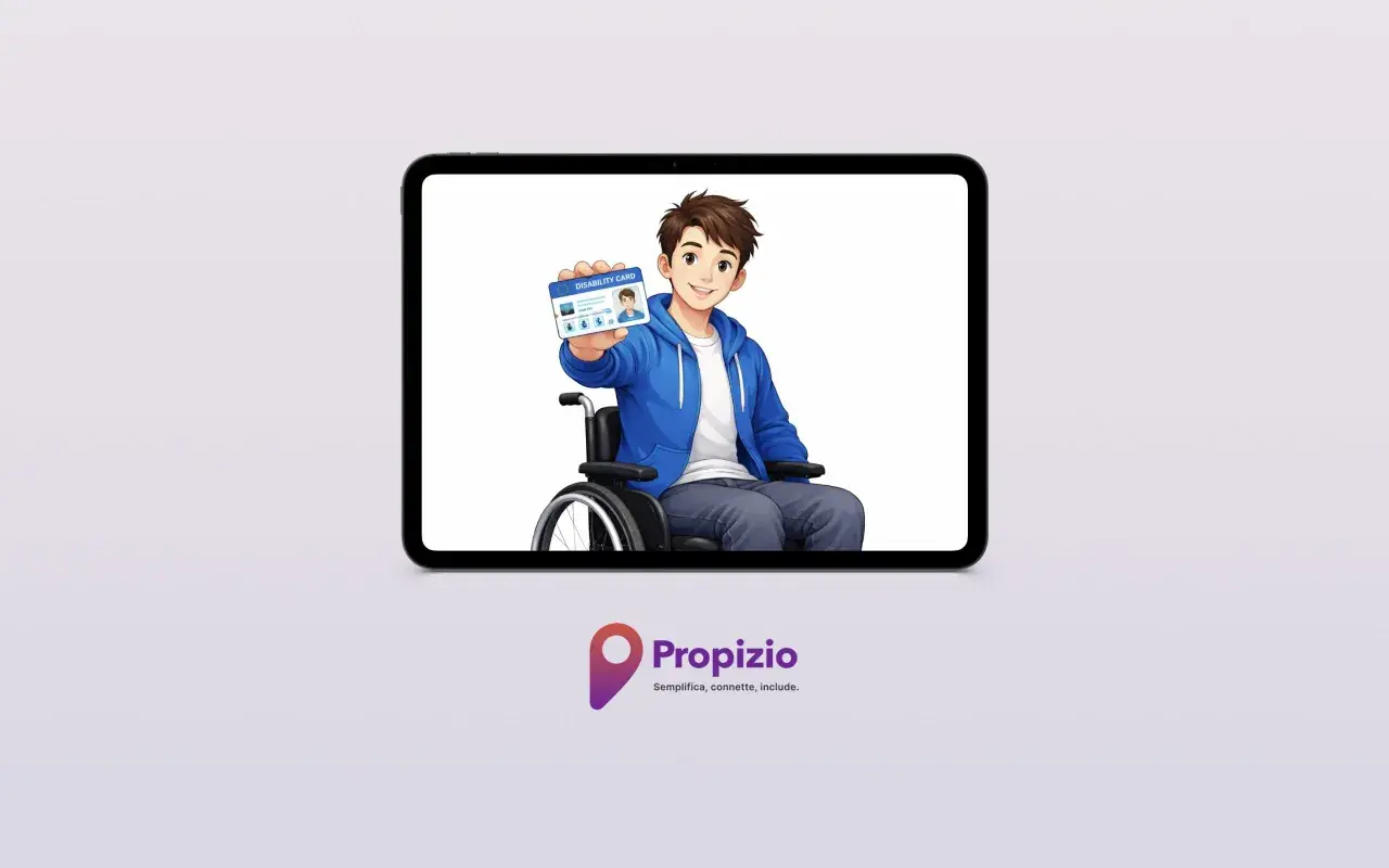 Ragazzo in carrozzina mostra una disability card INPS.