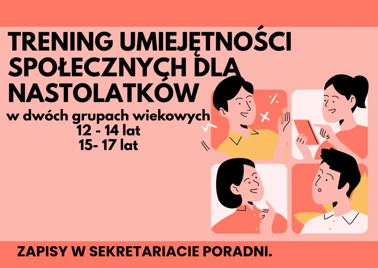 Trening umiejętności społecznych dla nastolatków. Ilustracje pokazują młodych ludzi w interakcji, uczących się komunikacji i współpracy.