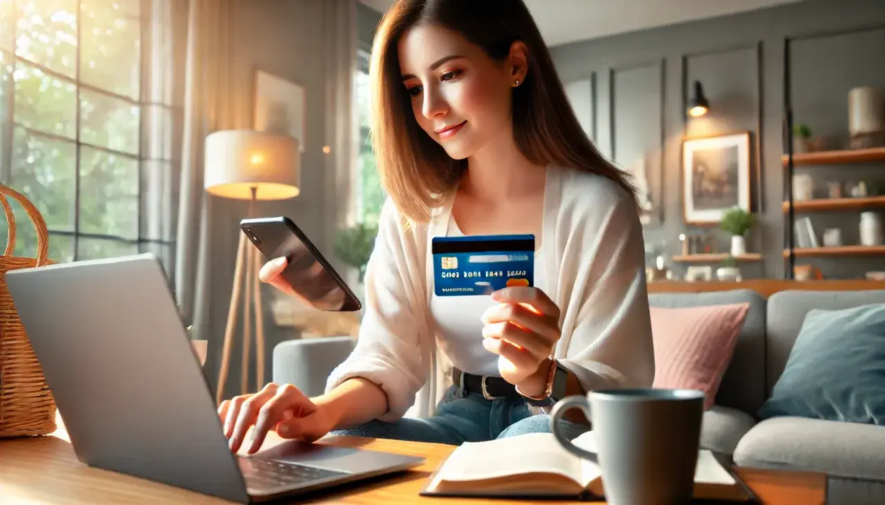 Kobieta z kartą kredytową i telefonem uczy się, jak zapłacić Paypo, wpisując dane na laptopie.