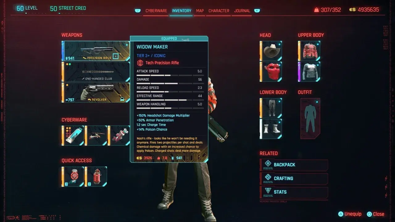 Interfejs gry Cyberpunk 2077: ekwipunek z bronią "Widow Maker", statystykami i opisem, zasady gry cyberpunk.