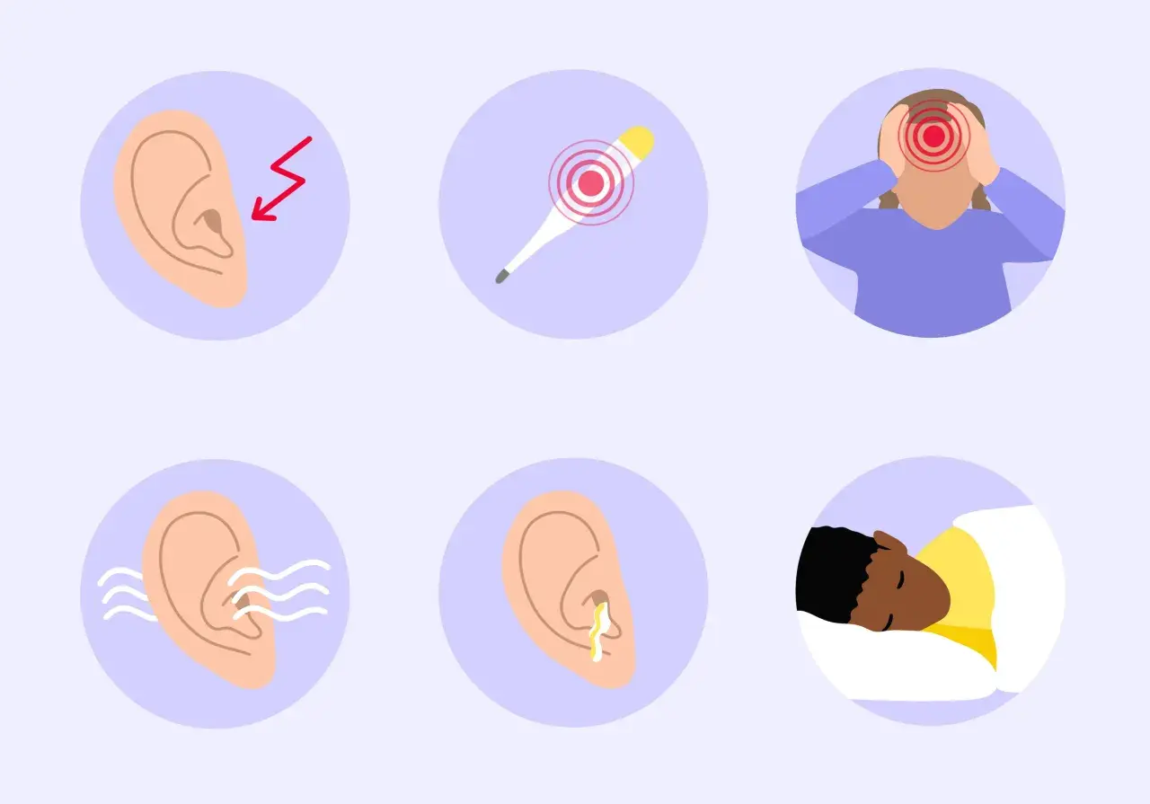 Symptômes d'une infection de l'oreille : douleur, fièvre, maux de tête, bourdonnements, écoulement et sommeil perturbé.