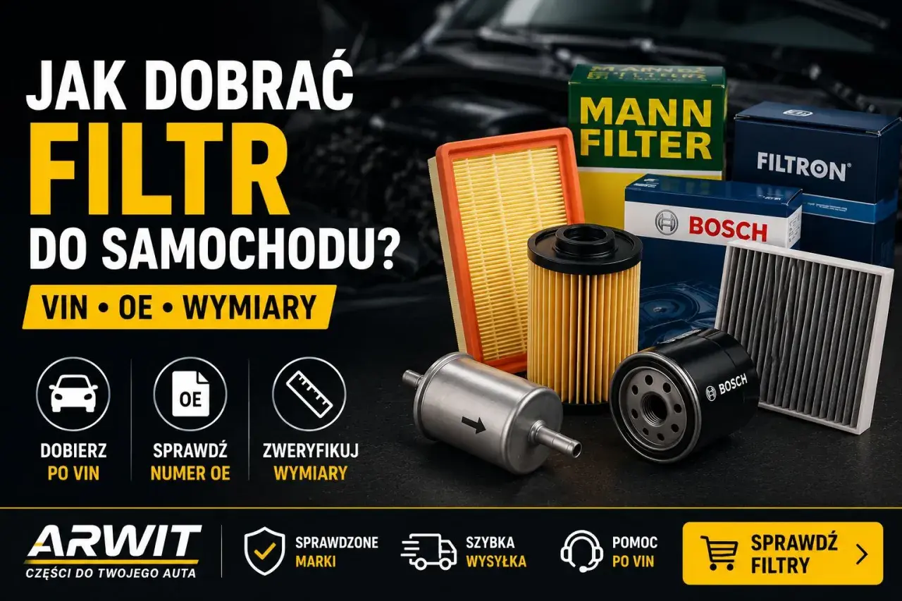 Dobór filtra oleju po VIN to klucz do idealnego dopasowania. Na zdjęciu różne filtry samochodowe marek Mann, Filtron, Bosch.