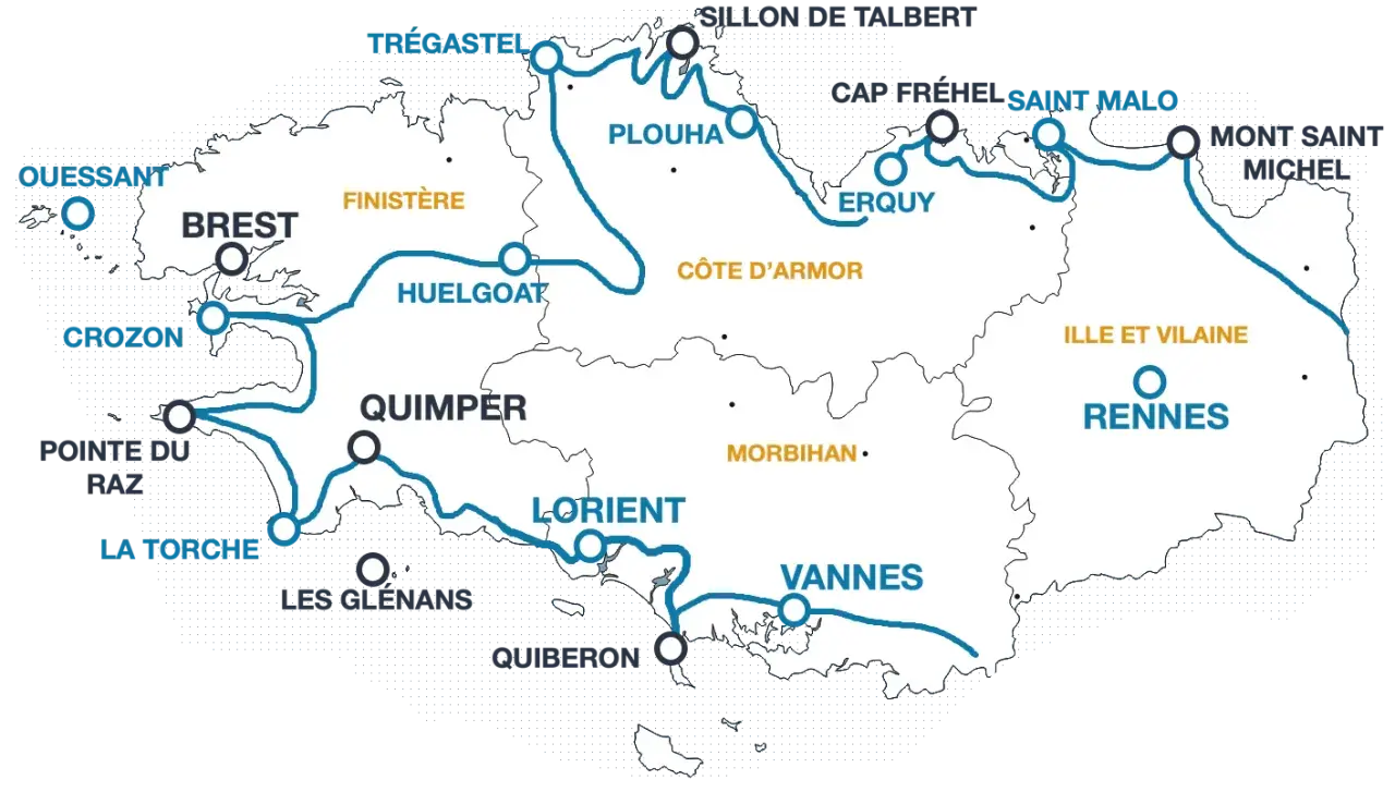 Carte des routes touristiques en Bretagne, idéale pour un voyage en camping-car. Découvrez Brest, Quimper, Rennes, Saint-Malo et le Mont Saint-Michel.