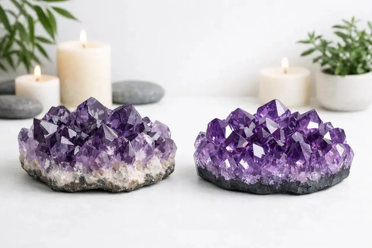 Dos geodas de amatista, qué es la amatista, brillan junto a velas encendidas y plantas.